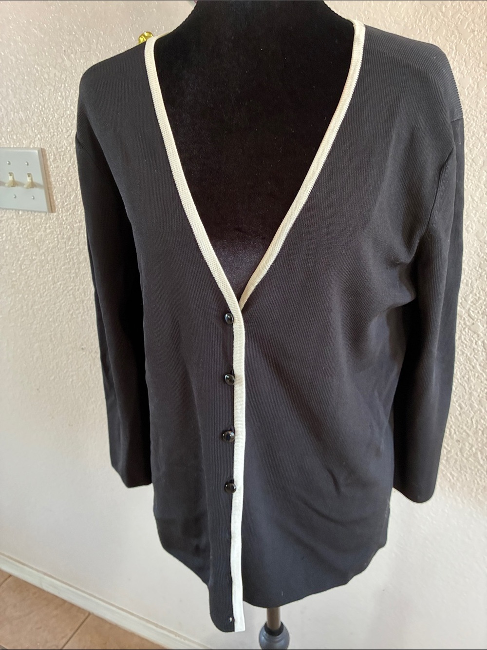 Covington Black V-Neck Button Cardigan with Cream Trim